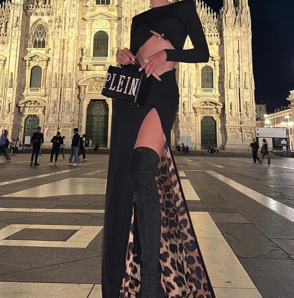 2 Piece Sets Women Outfit Long Sleeves Crop Top And Sexy High Slit Long Skirt